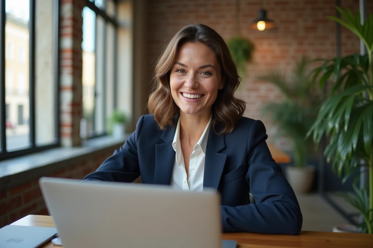 Femme professionnelle en visioconference dans un espace de coworking parisien