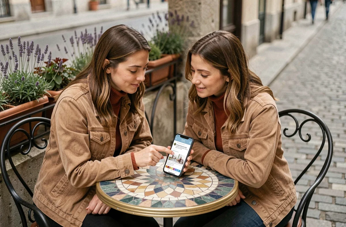 Deux femmes partageant des informations sur la santé et le bien-être via un smartphone dans un café en terrasse