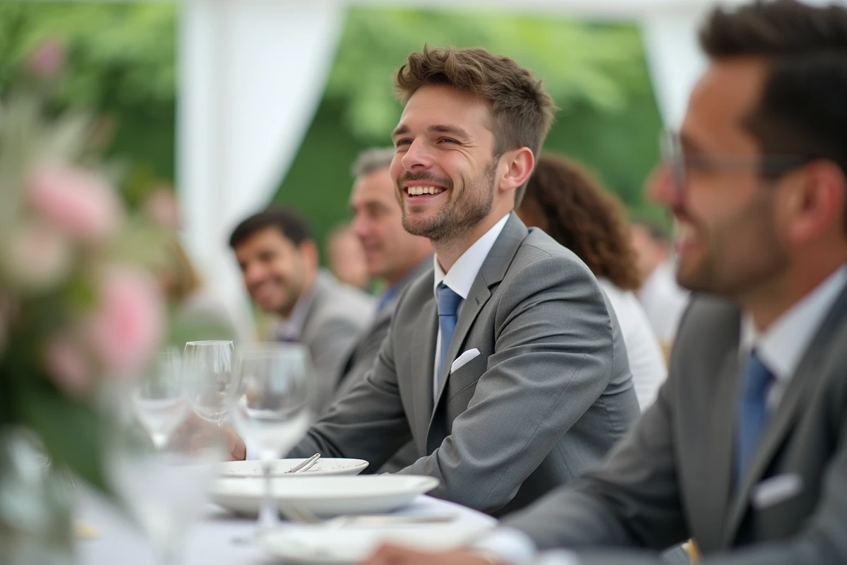 Jeune homme en costume gris écoutant un discours