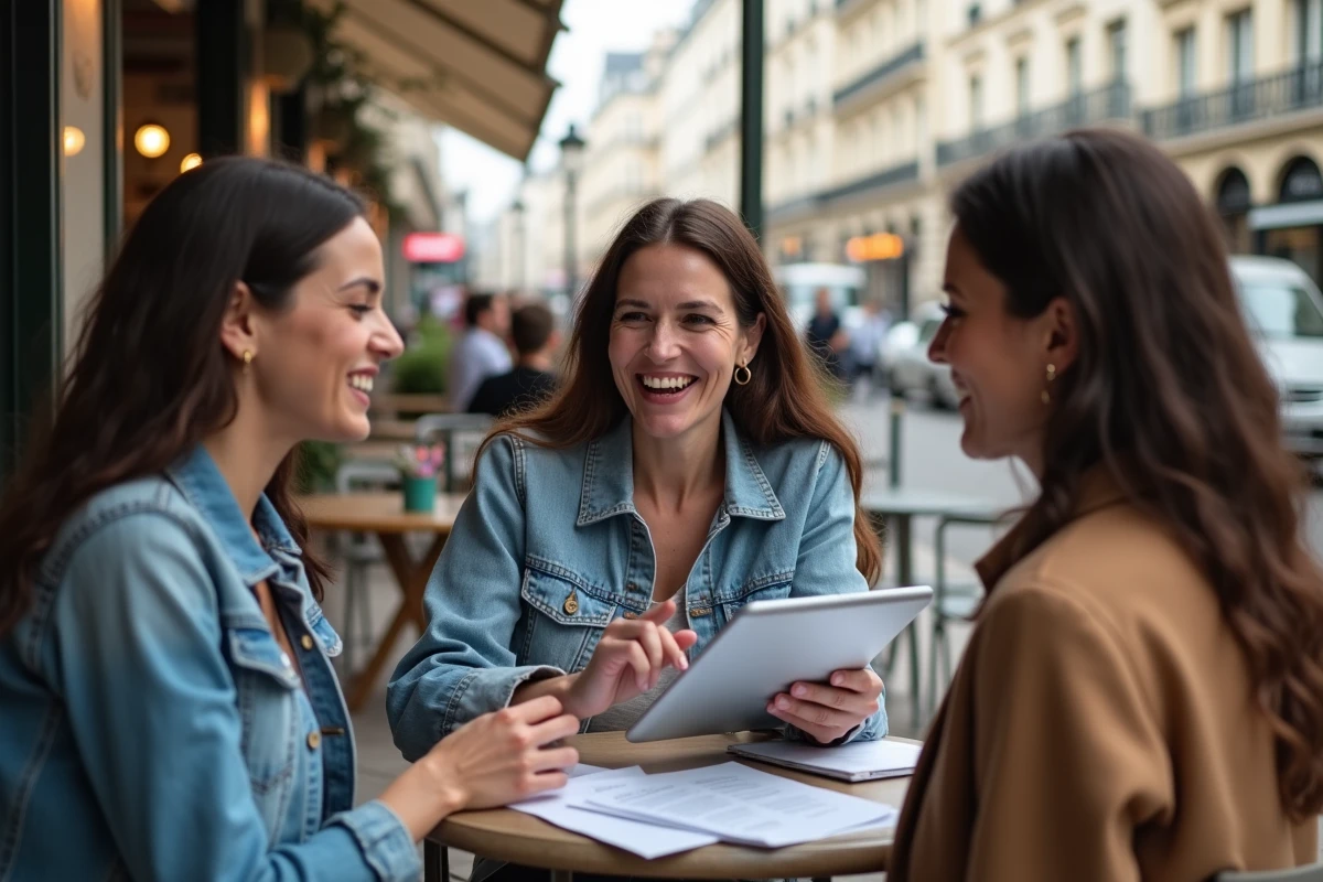 Trois femmes discutant autour d une table de café à Paris