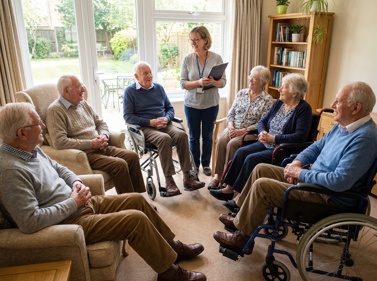 Groupe de seniors discutant avec un professionnel dans une salle lumineuse
