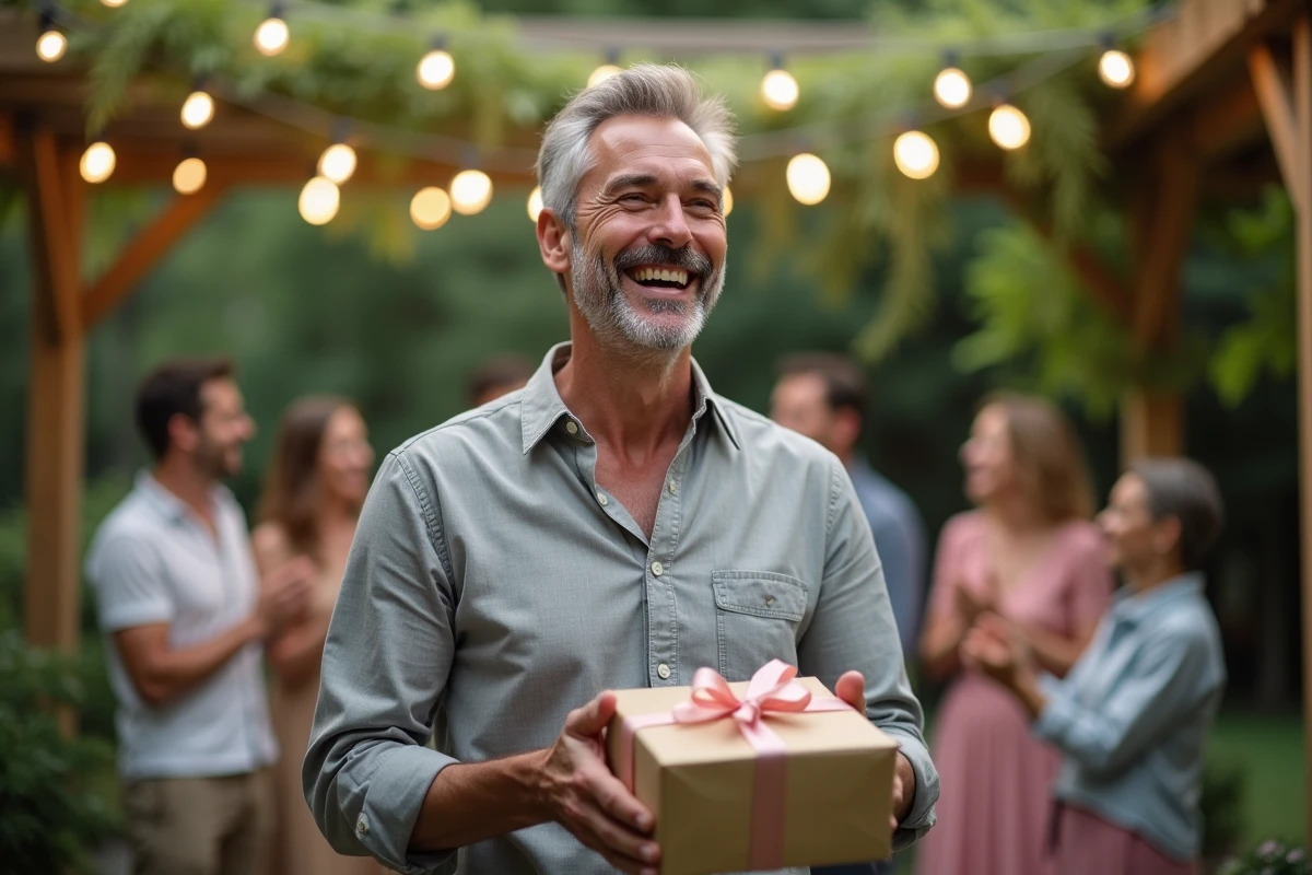 Homme de 50 ans débballant un cadeau en plein air entouré de proches lors d'une fête d'anniversaire dans un jardin