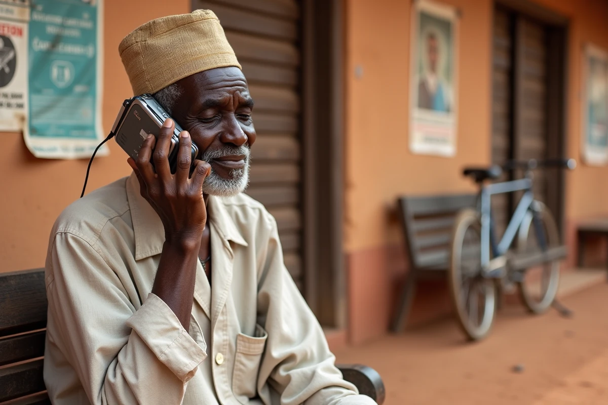 Homme âgé en tenue traditionnelle malienne écoutant attentivement une radio transistor devant les murs d'une station radio à Bamako