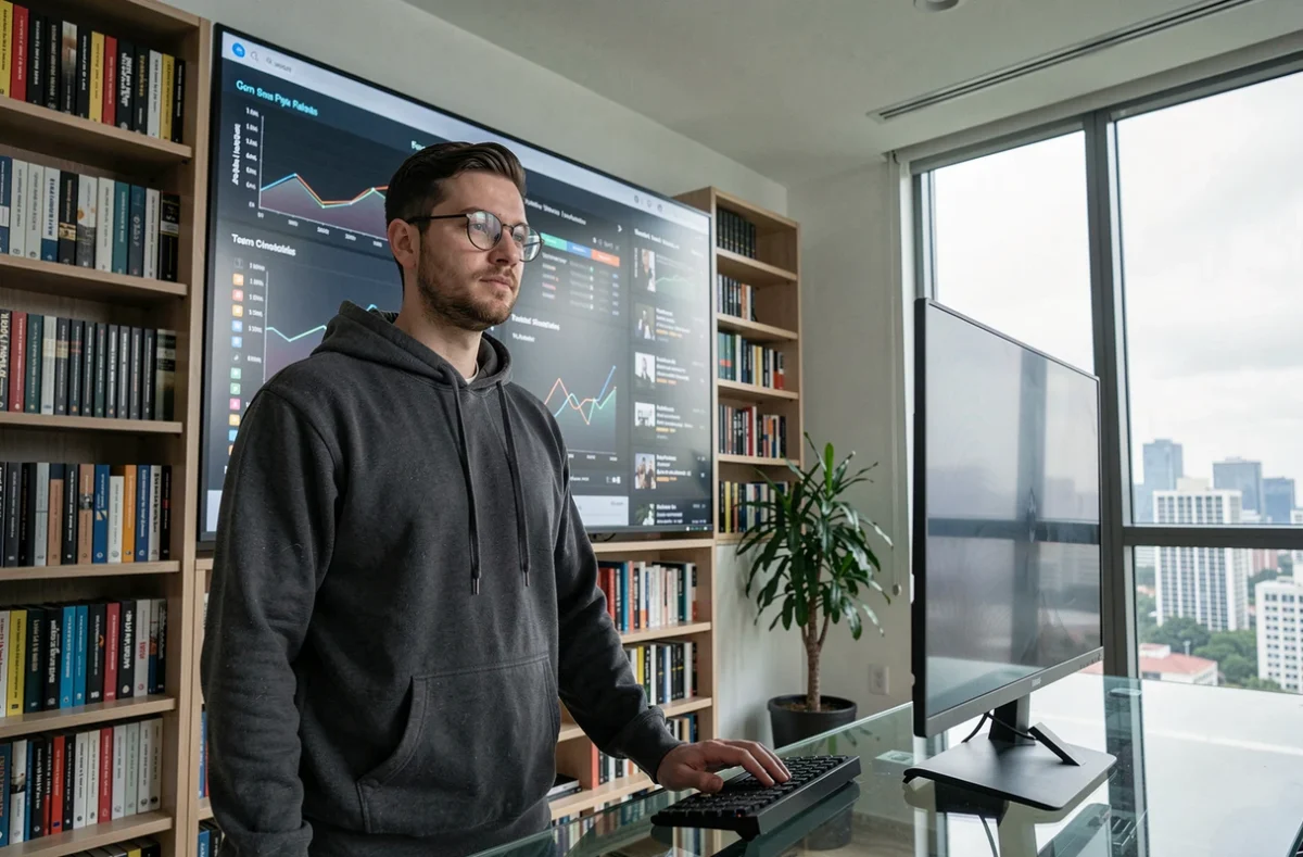 Homme analysant des tableaux de bord technologiques sur un grand écran dans un bureau à domicile contemporain