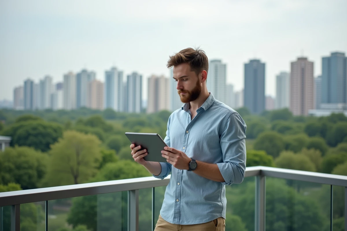 Homme en casual consulte annonces immobilières sur tablette