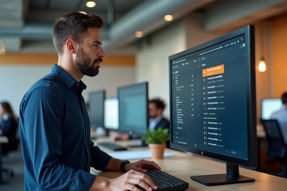 Homme en bureau open space résolvant un problème d'étiquette manquante dans un logiciel de gestion documentaire Arkevia