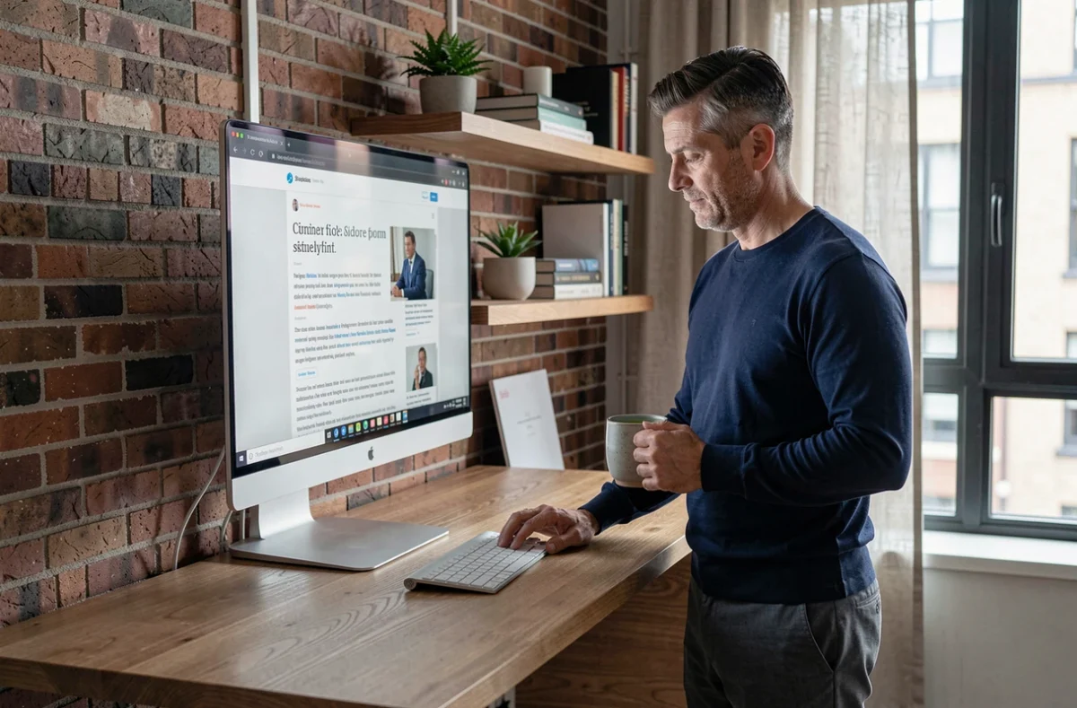 Homme lisant des articles sur la santé et le bien-être sur un écran dans un bureau à domicile contemporain