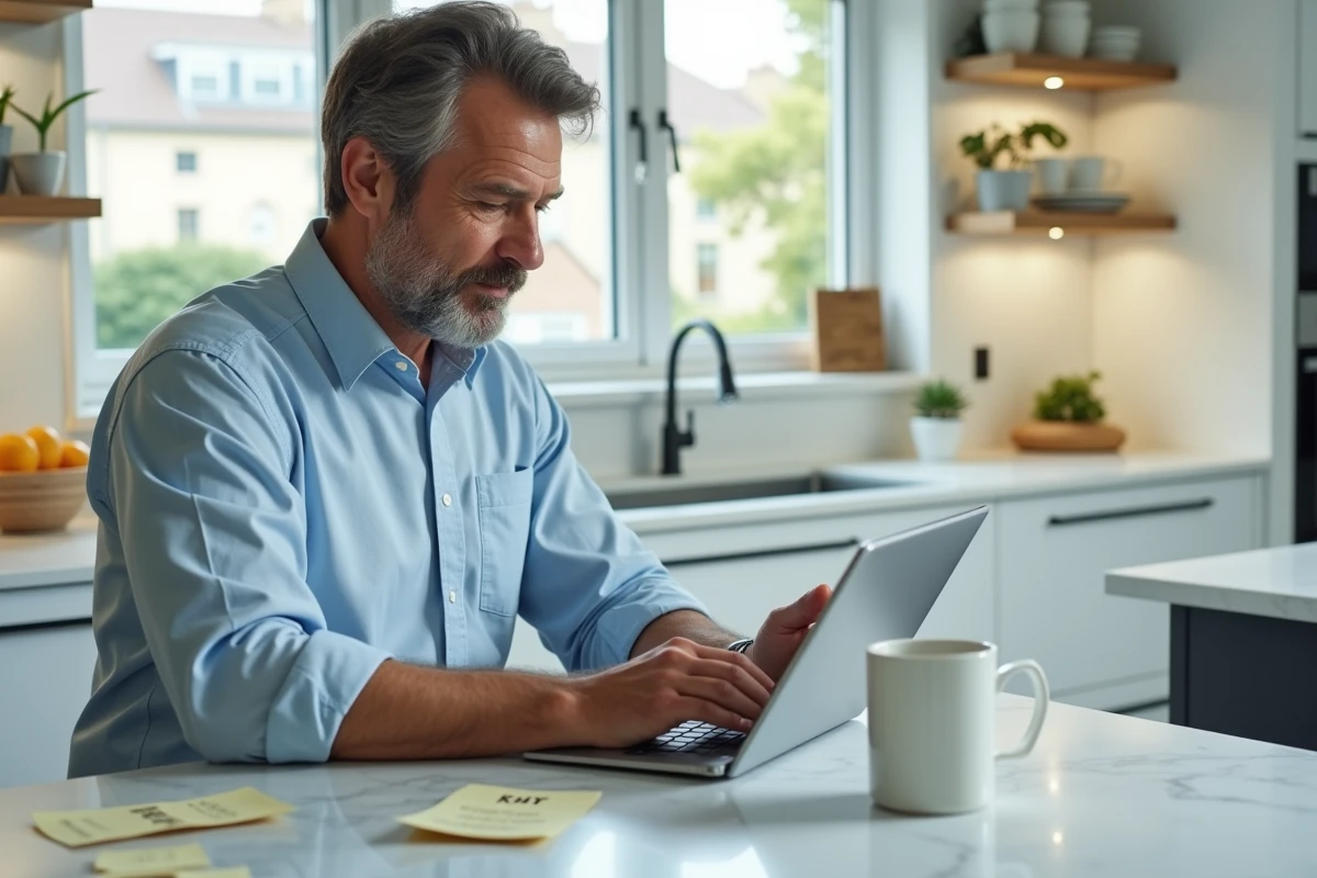 Homme parcourant des annonces immobilières sur tablette dans une cuisine moderne et lumineuse