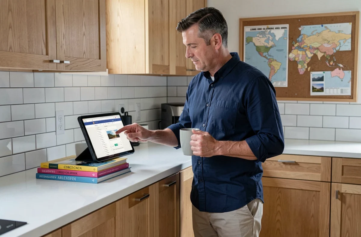 Homme utilisant une tablette pour explorer un sitemap de voyage depuis sa cuisine