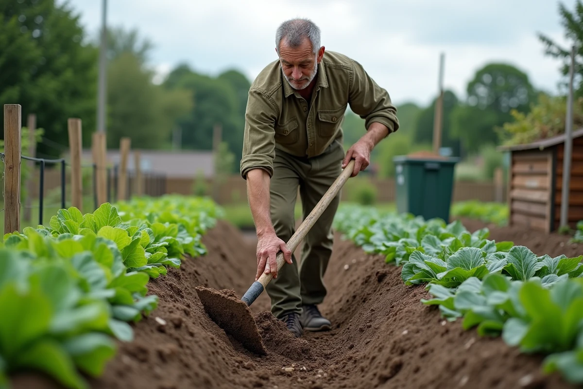 Homme jardinier incorporant du fumier de cheval dans les rangées d'un jardin potager partagé