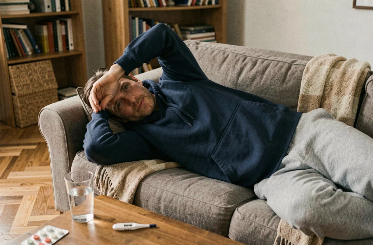 Homme alité sur un canapé avec des symptômes inhabituels liés au nouveau variant du Covid en 2026