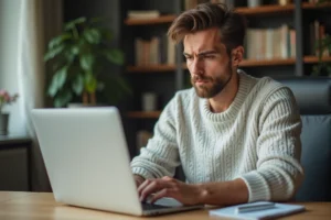 Jeune homme concentré au bureau à domicile