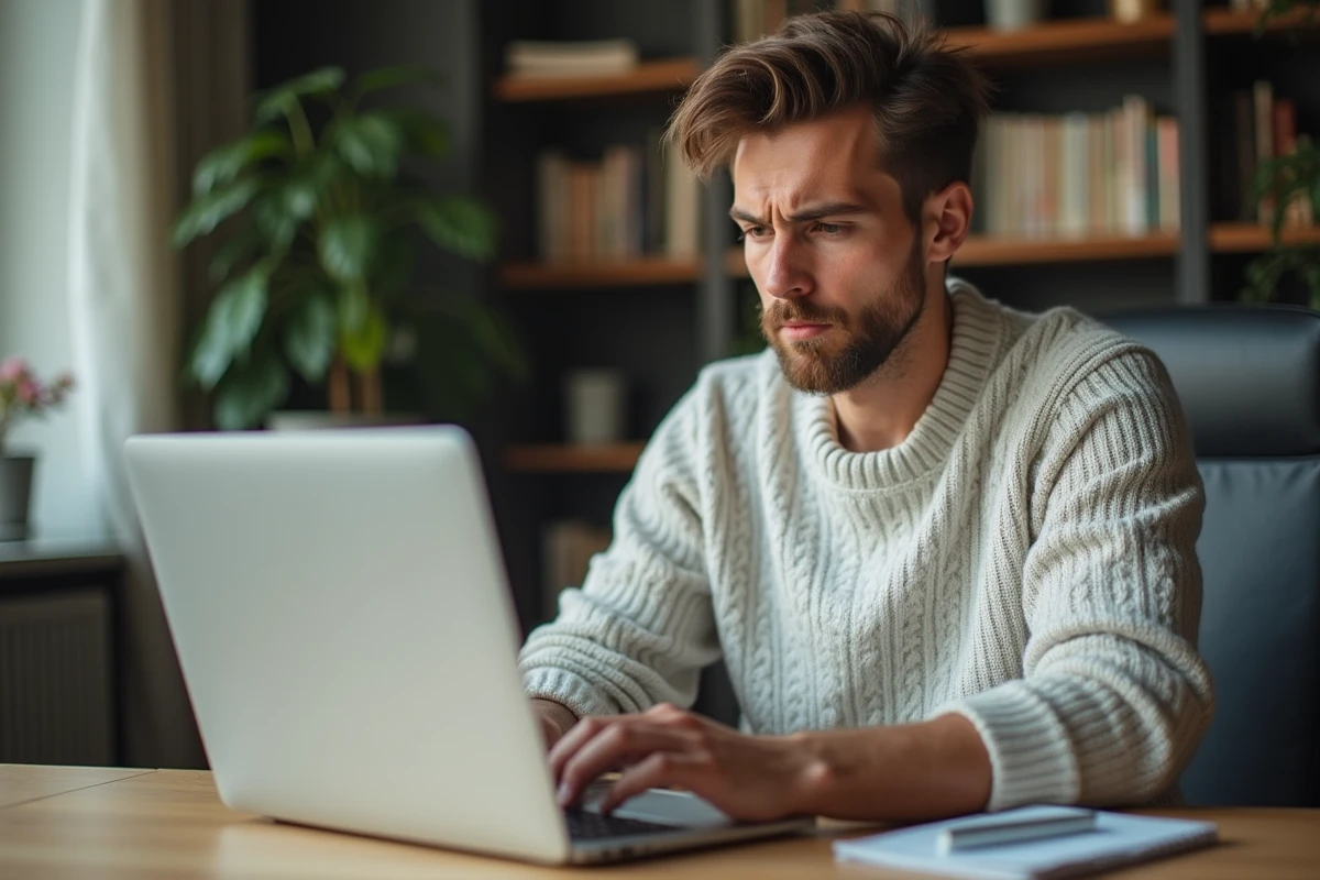 Jeune homme concentré au bureau à domicile