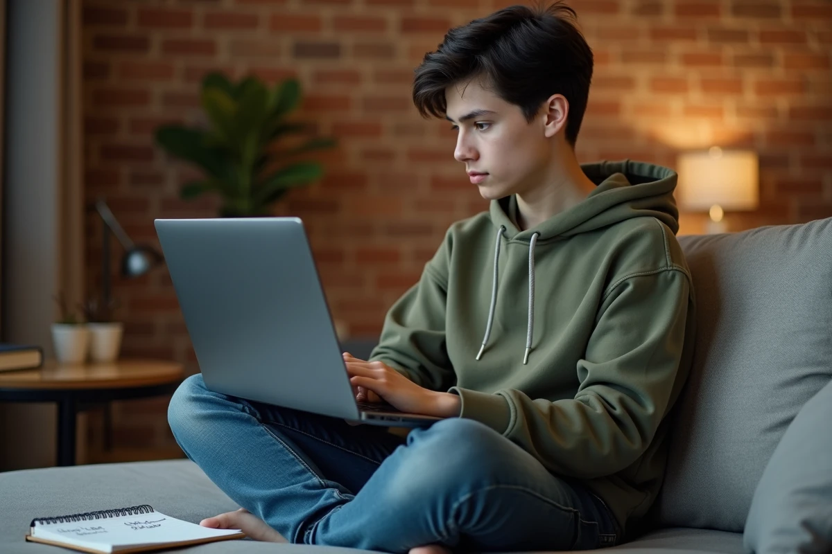 Jeune personne consultant un guide de dépannage pour corriger l'erreur no label sur Arkevia depuis son canapé