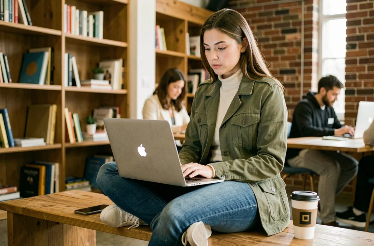 Jeune professionnelle travaillant sur un ordinateur portable dans un espace de co-working pour développer son activité grâce aux outils digitaux