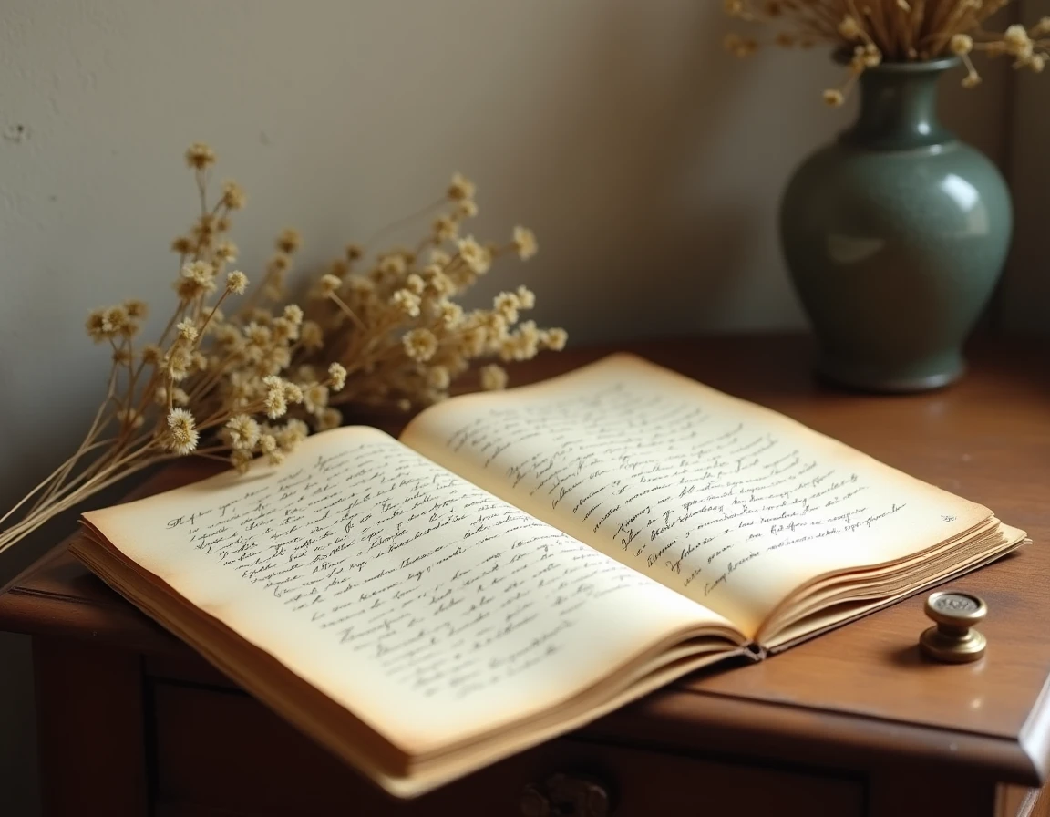 Lettre biographique manuscrite sur papier ancien posée sur un bureau en bois avec sceau de cire et fleurs séchées