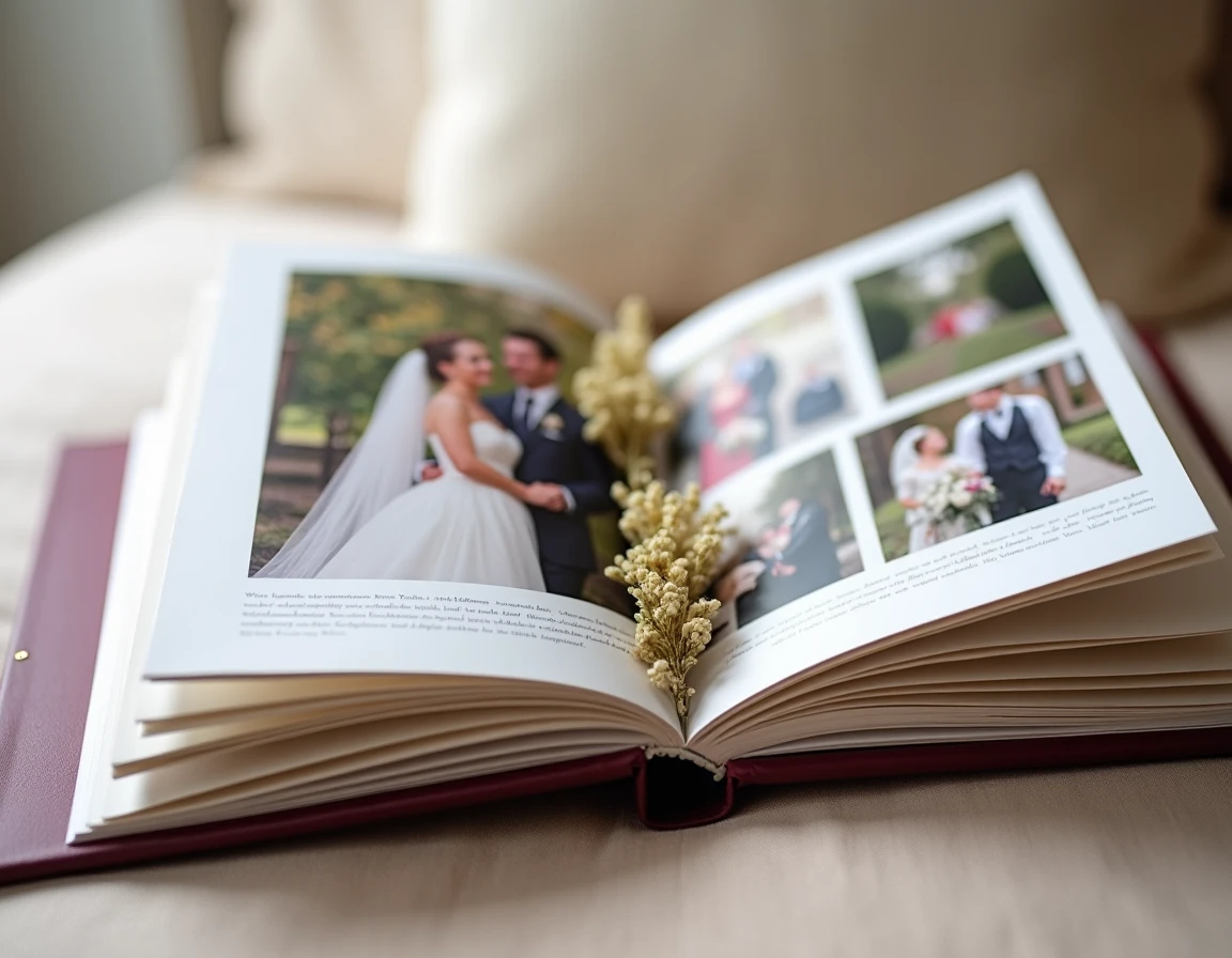 Livre photo personnalisé ouvert montrant l'histoire d'un couple de l'enfance au mariage sur papier qualité