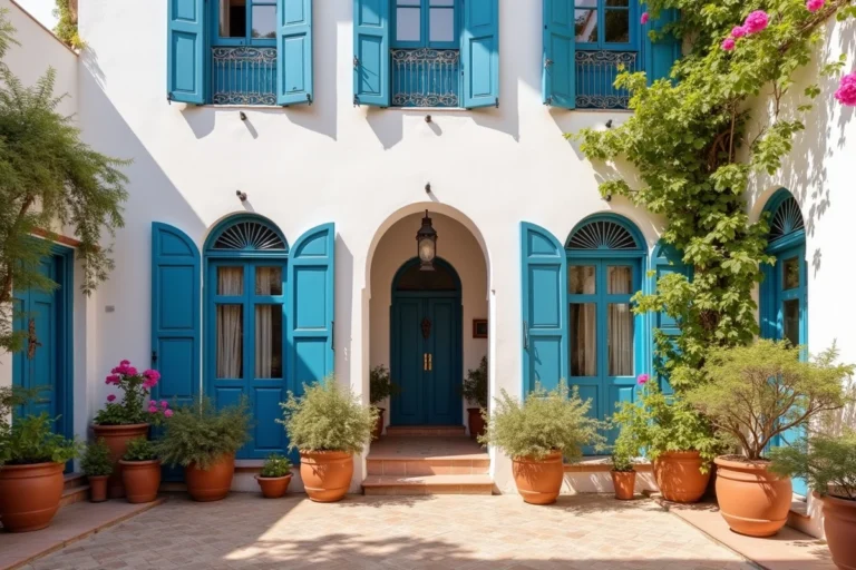 Maison traditionnelle avec jardin à louer à Essaouira, façade blanche avec volets bleus et bougainvilliers