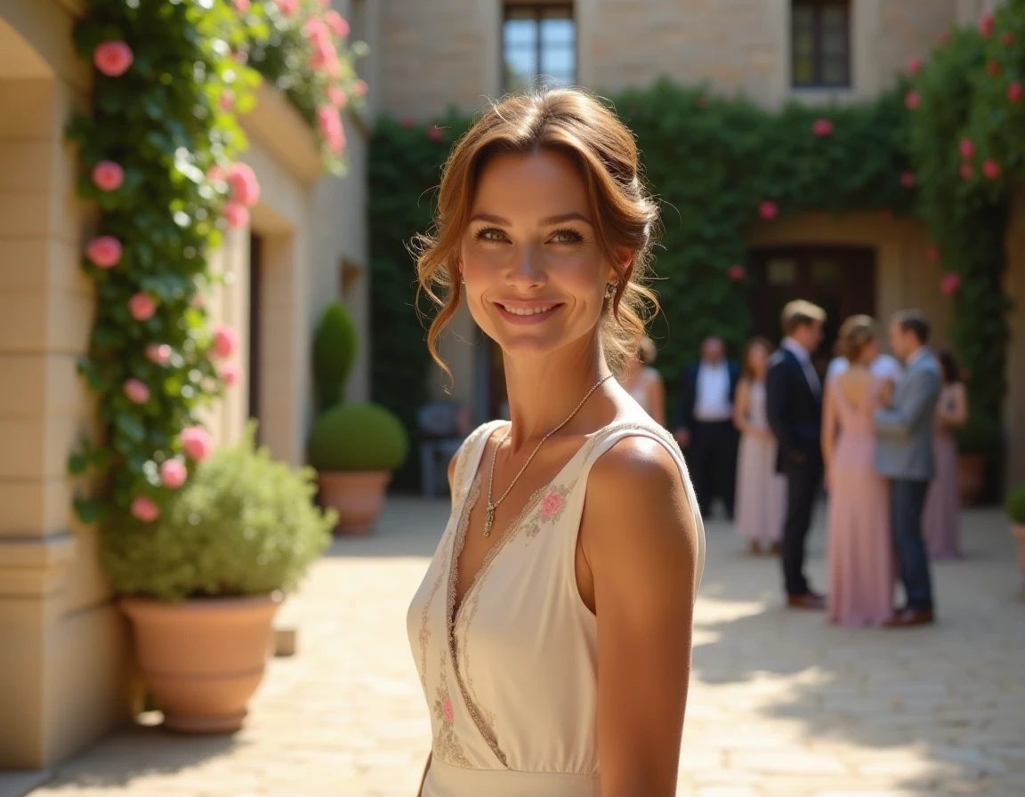 Mariée élégante en robe ivoire dans une cour de château en pierre lors d'un mariage discret à la campagne
