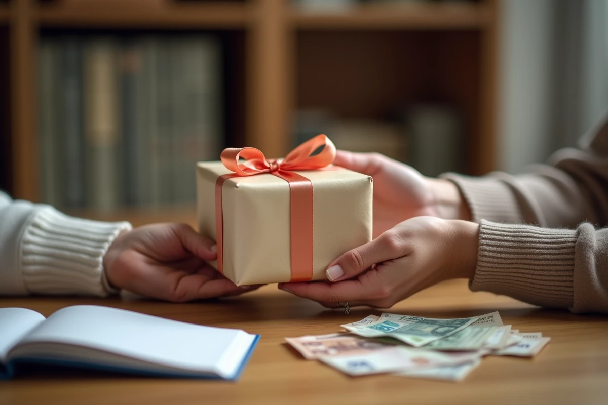 Mains échangeant un cadeau emballé avec des billets en euros sur une table en bois pour un anniversaire de 50 ans