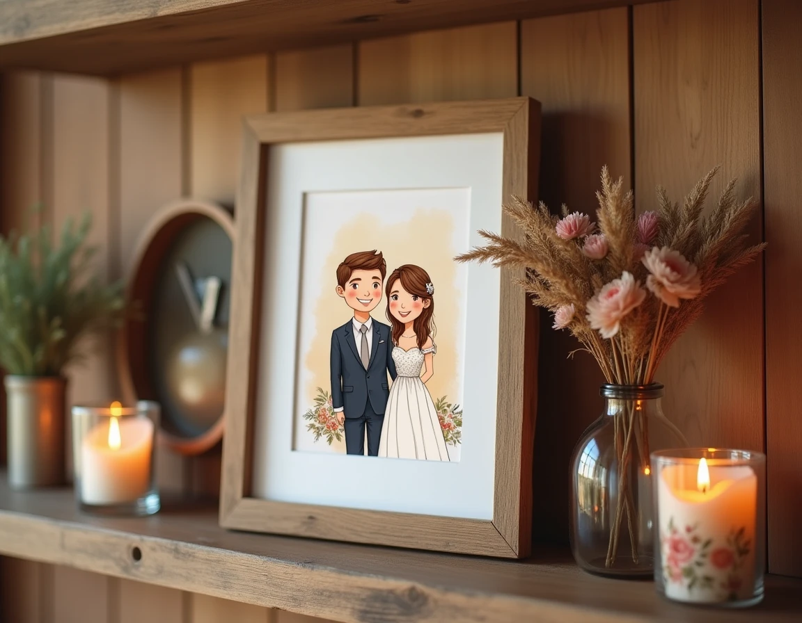 Portrait illustré personnalisé d'un couple encadré et affiché sur une étagère en bois avec fleurs séchées