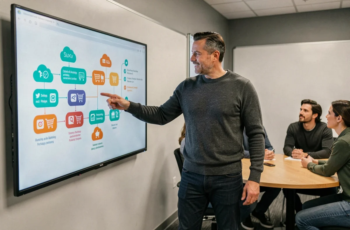 Homme présentant une stratégie de services digitaux innovants sur un écran interactif devant une équipe en réunion