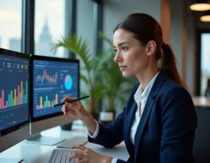 Professionnelle du marketing digital analysant des tableaux de bord analytiques sur des écrans dans un espace de travail moderne en 2024