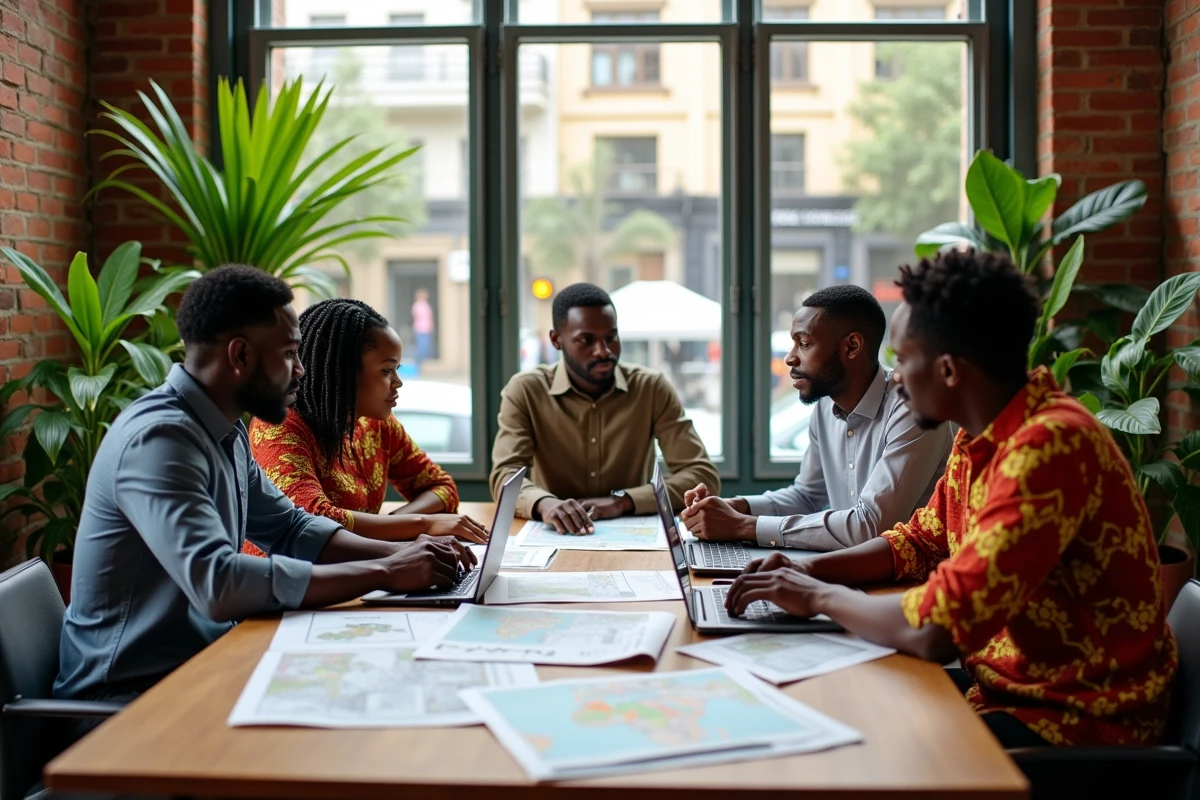 Groupe de professionnels africains réunis autour d'une table dans un espace de coworking moderne à Dakar, discutant d'actualités politiques et sociétales