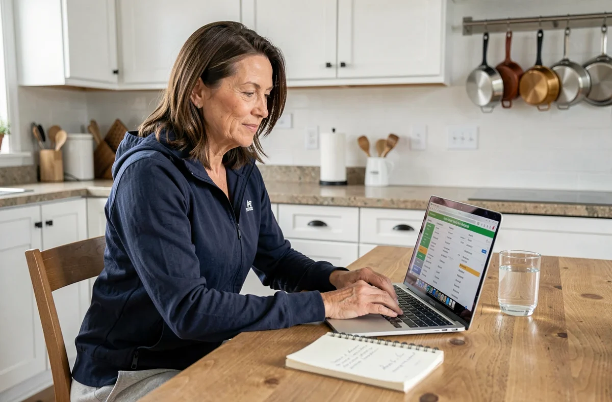 Femme consultant son programme de coaching sportif en ligne sur un ordinateur portable à la table de cuisine le matin