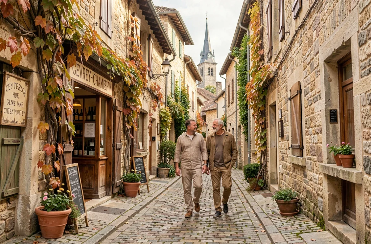 Couple se promenant dans les rues pavées authentiques du village de Gevrey-Chambertin en Bourgogne