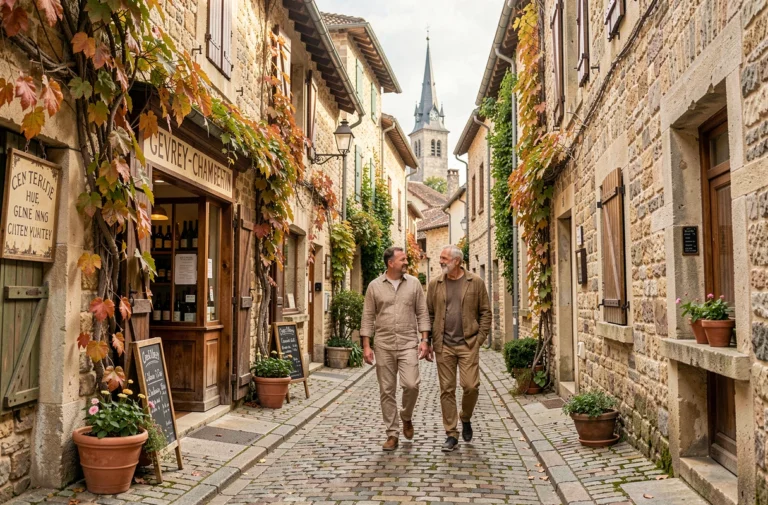 Couple se promenant dans les rues pavées authentiques du village de Gevrey-Chambertin en Bourgogne