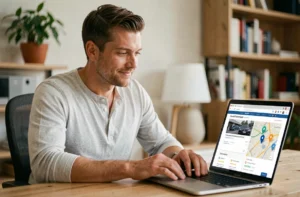 Homme cherchant des services auto en ligne sur un ordinateur portable depuis son bureau à domicile