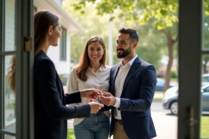 Agent immobilière remettant les clés d'une maison à un couple heureux lors d'une transaction réussie