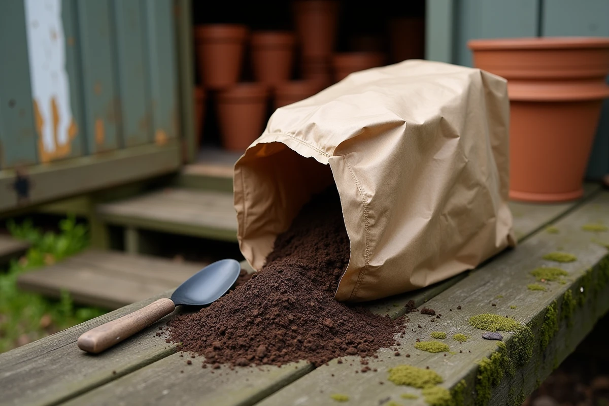 Sac de fumier de cheval Lidl ouvert sur un établi de jardinage avec une truelle et du compost épandu
