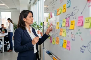 Stratège marketing féminine présentant une stratégie be to see devant un tableau blanc dans un bureau moderne