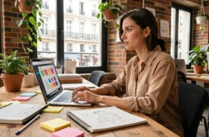 Jeune créatrice web française concentrée sur son ordinateur portable dans un espace de coworking parisien aux murs en brique
