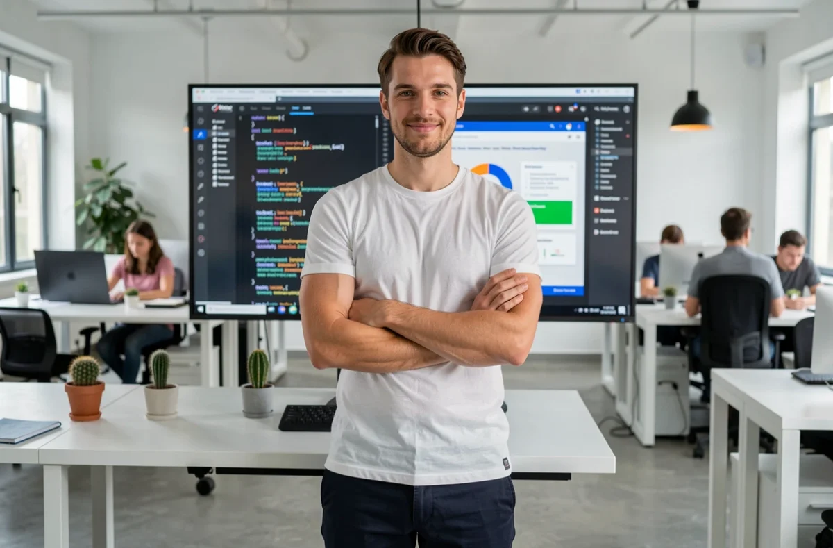 Jeune développeur web français debout devant un écran de code dans un bureau de startup moderne et minimaliste