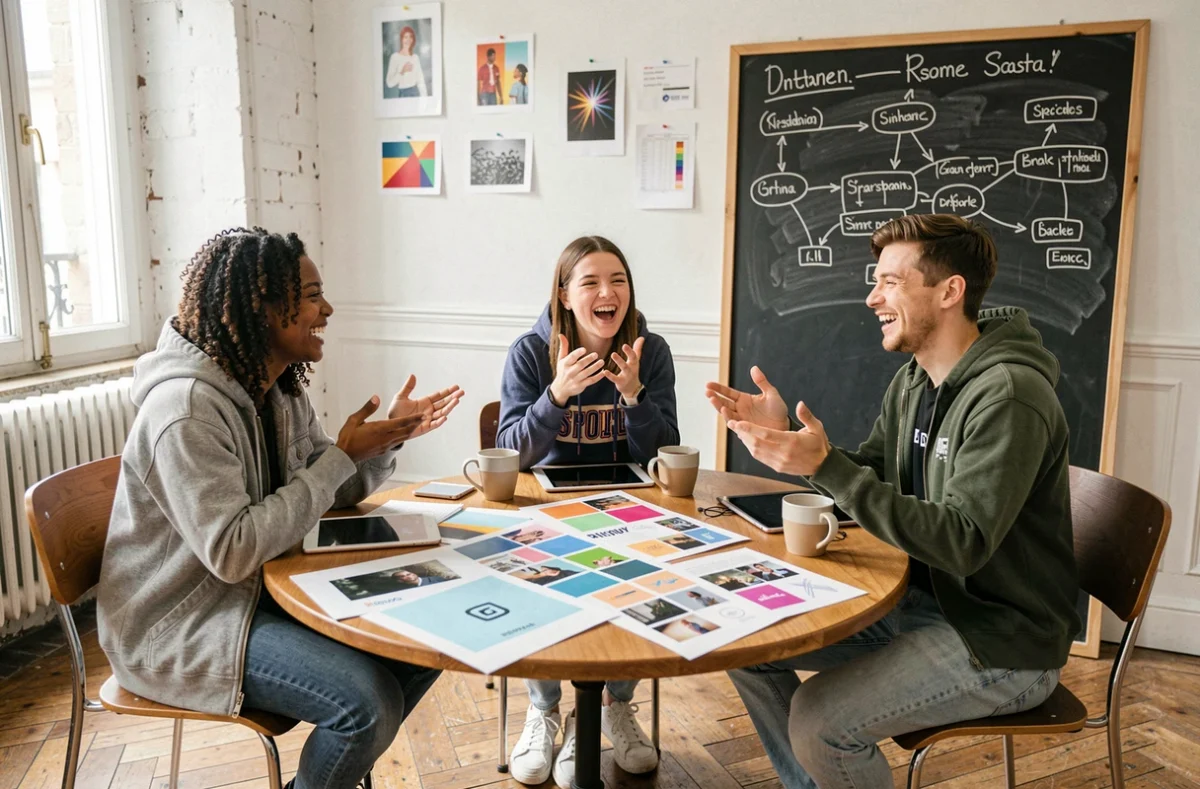 Groupe de jeunes talents créatifs du web français collaborant autour d'une table dans un studio parisien indépendant