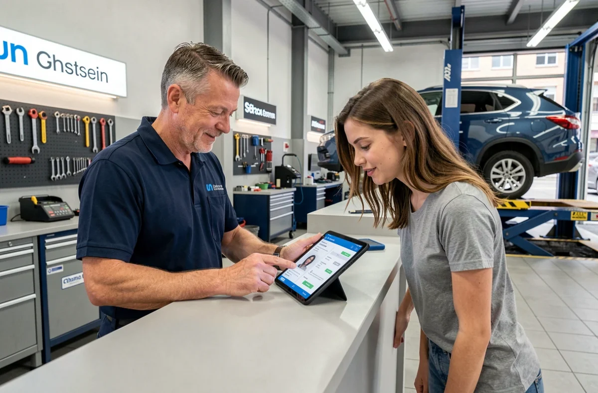Technicien automobile présentant des services en ligne à une cliente dans un garage moderne