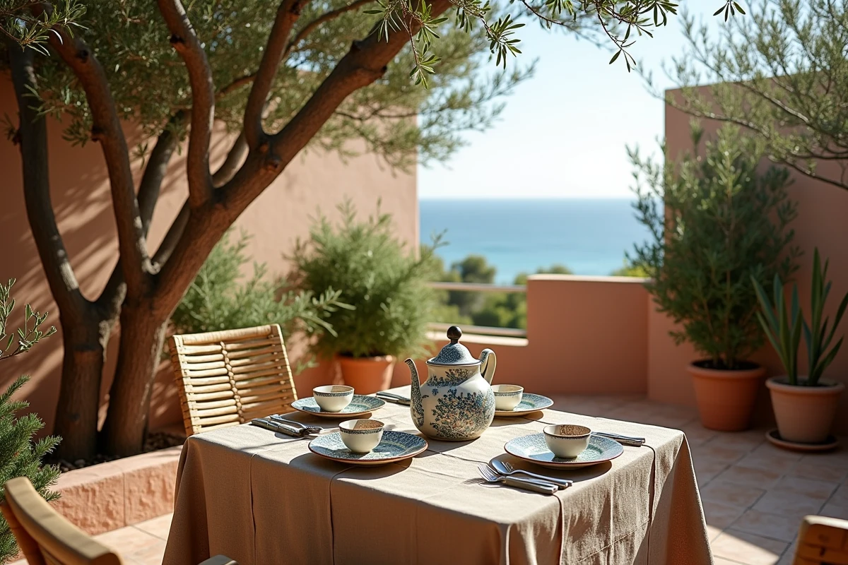Terrasse jardin d'une maison de location à Essaouira avec vue sur l'océan et table dressée en plein air
