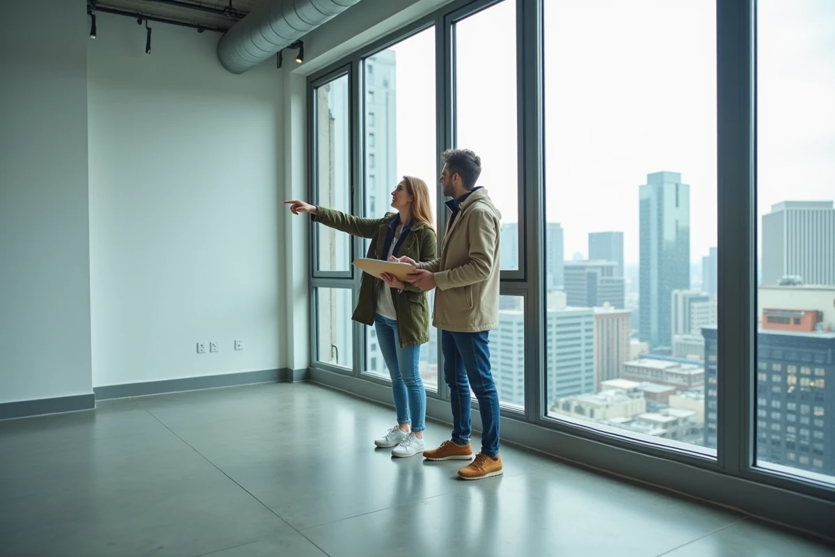 Jeune couple visitant un appartement moderne vide avec vue sur la ville lors d'une recherche immobilière