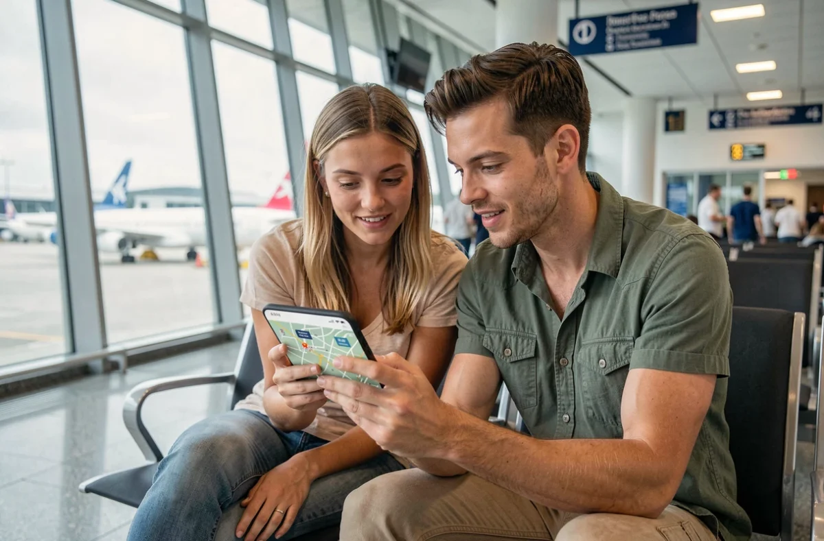 Deux voyageurs consultant ensemble un sitemap de guide de voyage dans un aéroport